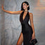 Raina | Vestido sin mangas, espalda descubierta, con escote halter y abertura