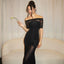 Michaela | Vestido Maxi de Malla Plisada Off-Shoulder para Maternidad