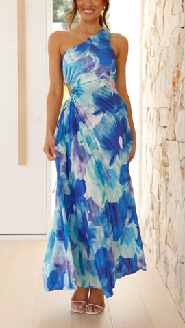 Madison | Vestido Maxi Asimétrico con Pliegues Florales